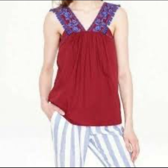 J. Crew embroidered Pom Pom boho tank top blouse wine and blue size 6 - Picture 5 of 5